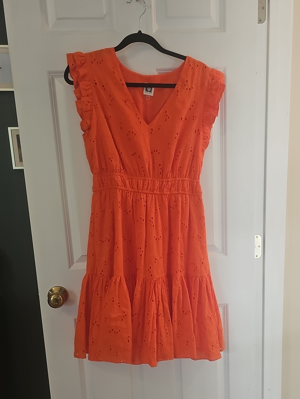 Anne Klein Orange Eyelet V-Neck Ruffle Sleeve Mini Dress